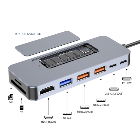 قاعدة إرساء 9 في 1 USB-C مع HDMI بدقة 4K@60 هرتز، وشحن PD بقوة 100 واط، ومنفذ USB 3.2 بسرعة 10 جيجابت في الثانية، وفتحة M.2 NVMe SSD، وقارئ بطاقة SD/TF لأجهزة الكمبيوتر المحمول وأجهزة MacBook