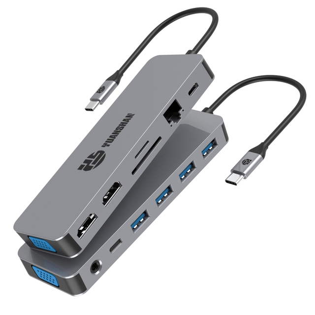 13 合 1 USB C 集線器，帶 2 x HDMI 4K 30HZ + VGA + PD 100W + Type C 數據 + 3 x USB A 3.0 + RJ45 1000Mbps + 3.5mm 音頻 + SD + TF 讀卡器多端口擴展塢