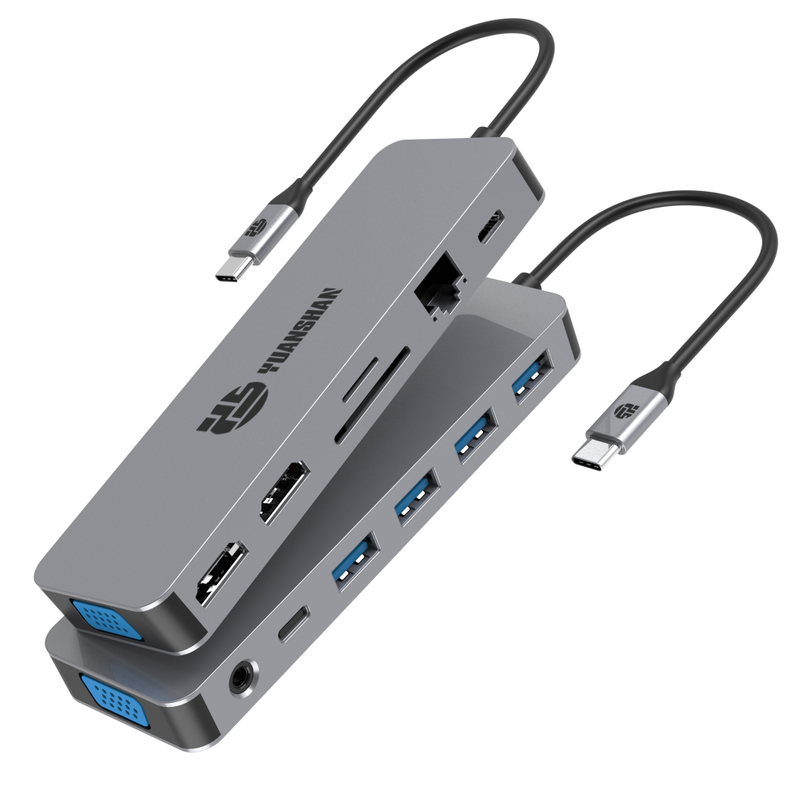 13 合 1 USB C 集線器，帶 2 x HDMI 4K 30HZ + VGA + PD 100W + Type C 數據 + 3 x USB A 3.0 + RJ45 1000Mbps + 3.5mm 音頻 + SD + TF 讀卡器多端口擴展塢