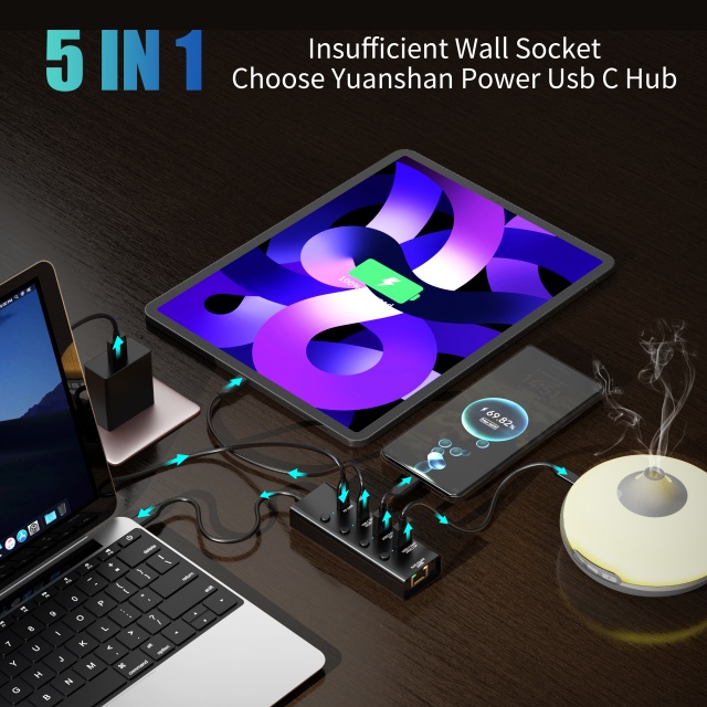 5 合 1 USB-A/C 3.1 10Gbps PD 100W LAN 1000Mbps 快速充電快速數據傳輸多功能 USB C 集線器筆記本電腦分路器擴展塢適用於筆記本電腦