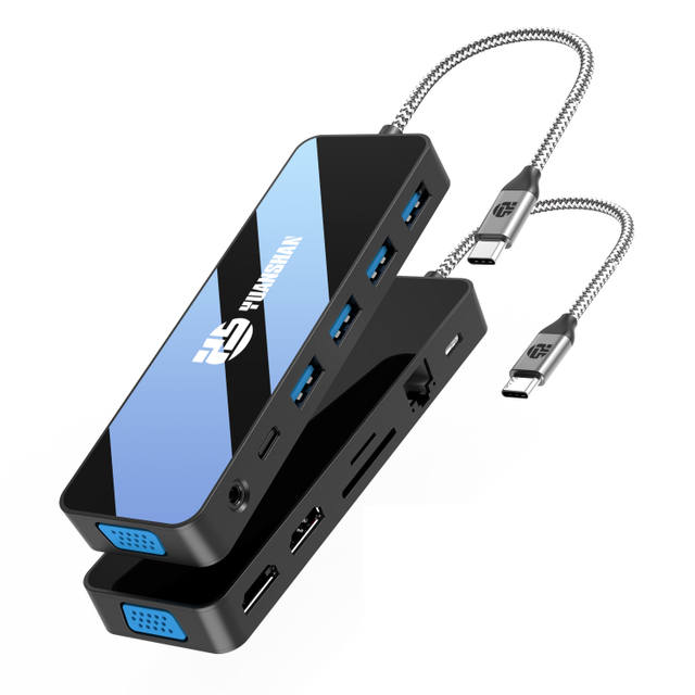 鏡面 13 IN 1 USB C 集線器，帶 2 x HDMI 4K 30HZ + VGA + PD 100W + Type C Data + 3 x USB A 3.0 + RJ45 1000Mbps + 3.5mm 音頻 + SD + TF 讀卡器多端口擴展塢