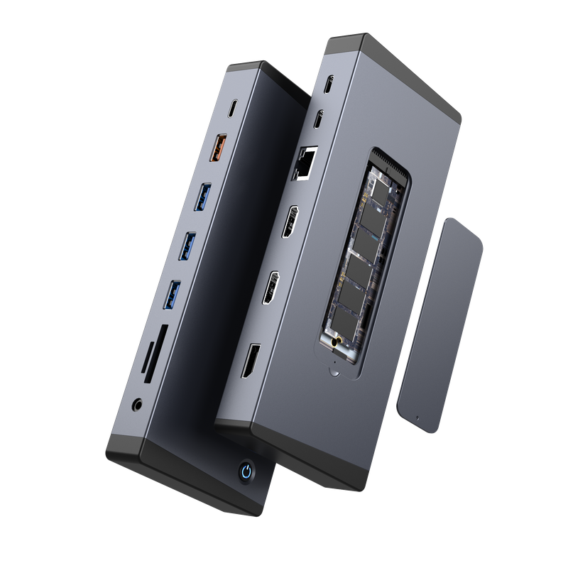 15-in-1 Thunderbolt 4 Dock: ຈໍສະແດງຜົນ 4K Triple, 100W PD, 10Gbps M.2 SSD Enclosure