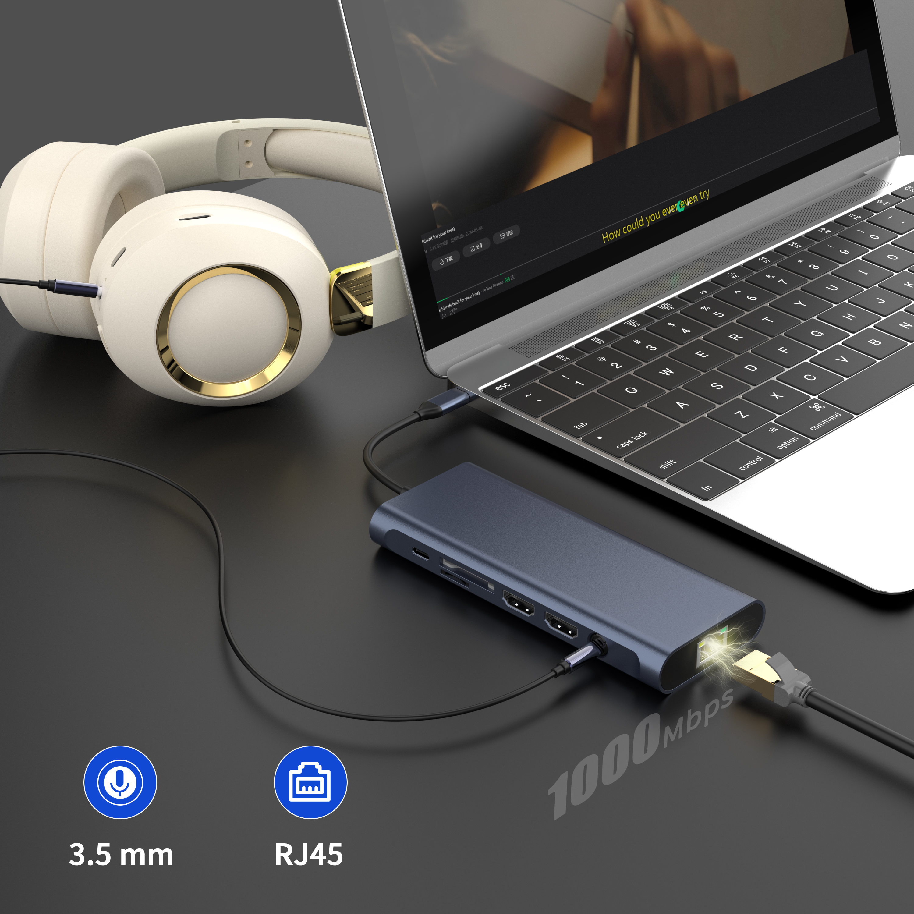 14 У 1 Док-станцыя 4K60HZ Двайны HDMI RJ45 USB-A 3.1 3.0 2.0 шматфункцыянальная Зарадка+Перадача даных+Відэаўыход+Счытвальная картка+Сетка+Функцыя выкліку Док-станцыя USB C HUB для ноўтбука/Macbook