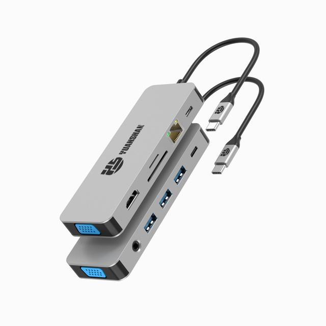 11 IN 1 usb c hub med HDMI 4K + VGA + PD 100W + Type C Data + 3 x USB A 3.0 + RJ45 1000 Mbps + 3,5 mm AUX + SD + TF kortl&aelig;ser multiport dockingstation til b&aelig;rbar/telefon