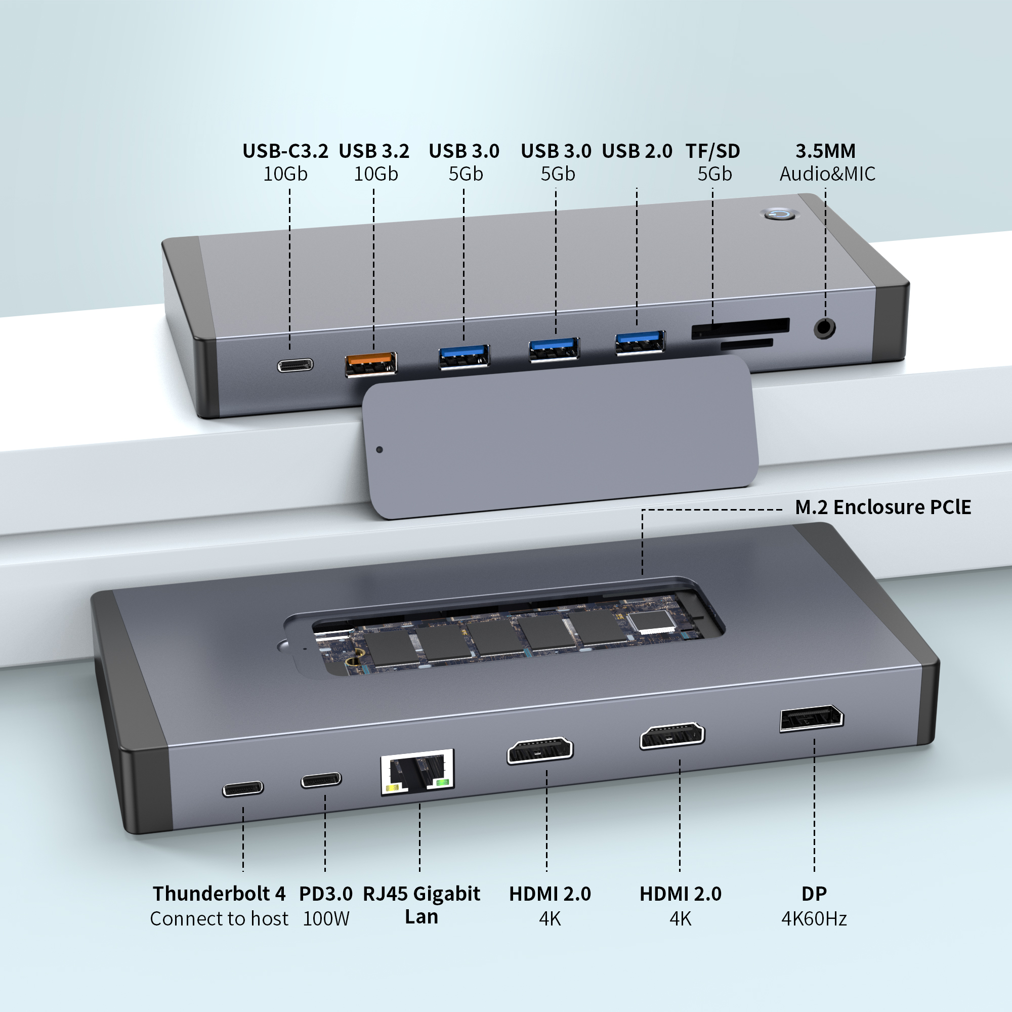 15-in-1 Thunderbolt 4 Dock: ຈໍສະແດງຜົນ 4K Triple, 100W PD, 10Gbps M.2 SSD Enclosure