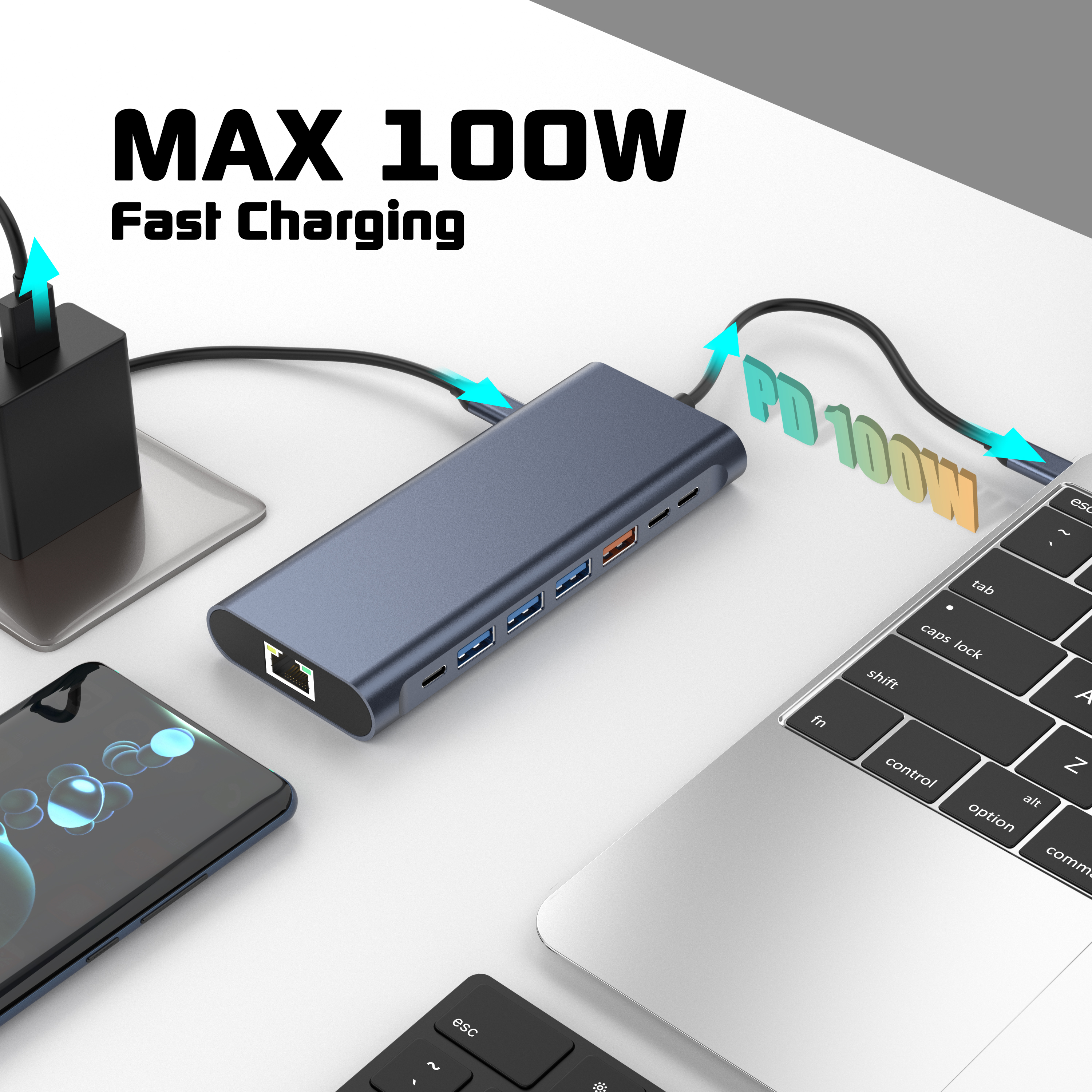 14 У 1 Док-станцыя 4K60HZ Двайны HDMI RJ45 USB-A 3.1 3.0 2.0 шматфункцыянальная Зарадка+Перадача даных+Відэаўыход+Счытвальная картка+Сетка+Функцыя выкліку Док-станцыя USB C HUB для ноўтбука/Macbook