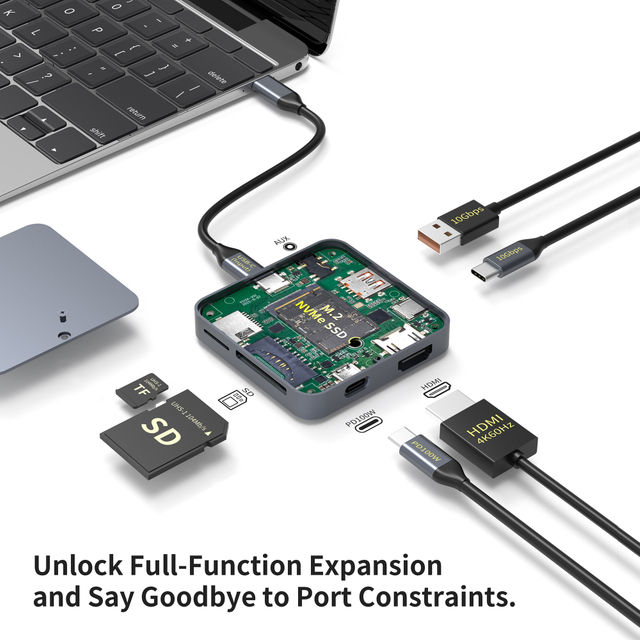 9 i 1 USB C Hub med M.2 NVMe SSD slot 10 Gbps, 4K60Hz HDTV 100W PD USB-C/USB-A 3.2, SD/TF-kortl&aelig;ser magnetisk design til telefon