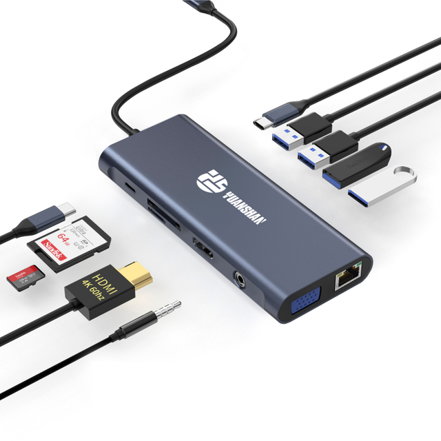 12 V 1 usb c rozbočovače s HDMI 4K 60HZ + DP + PD 100W + Data typu C + 3 x USB A 3.0 + USB A 2.0 + RJ45 1000 Mb/s + 3,5 mm audio + čtečka karet SD + TF multiportov&aacute; dokovac&iacute; stanice