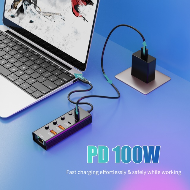 5 合 1 USB-A/C 3.1 10Gbps PD 100W LAN 1000Mbps 快速充電快速數據傳輸多功能 USB C 集線器筆記本電腦分路器擴展塢適用於筆記本電腦