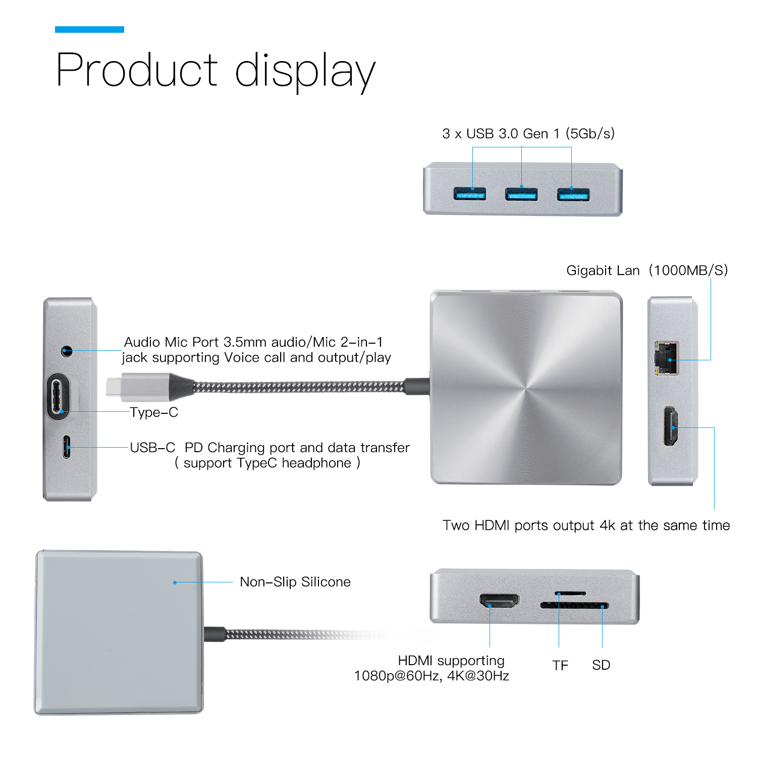 Rozbočovač USB-C 9 v 1 s du&aacute;ln&iacute;m HDMI 4K, Gigabit Ethernet, 100W PD, porty USB 3.0, čtečky karet SD/TF – dokovac&iacute; stanice pro MacBook/Windows Laptop