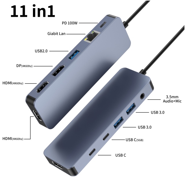 11 IN 1 USB c canti cum 2 x HDMI 4K 60HZ + DP + PD 100W + Typus C Data + USB 2.0 + 2 x USB A 3.0 + RJ45 1000Mbps + 3.5mm Audio/Mic + SD + TF card lector multi portus docking station